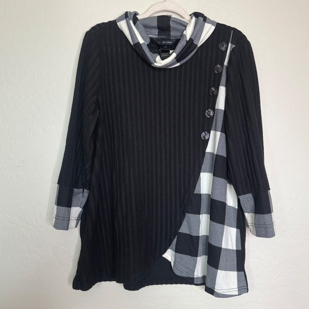 Ali Miles Women Tunic L Black Good Cowl Neck Plaid Asymmetrical Art Fall Boho